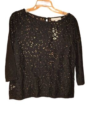 LOFT Black Lace Eyelet Top Women’s Small Sheer 3/4 Sleeve Blouse NWT Whimsigoth